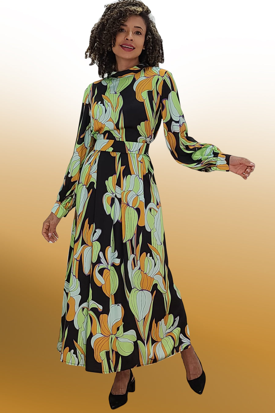 Formal Dresses Long Sleeve High Neck Maxi Dress Multi Green