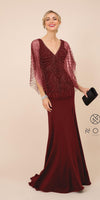 Long Fitted V-Neck Formal Dress with Beaded Cape Prom Sale