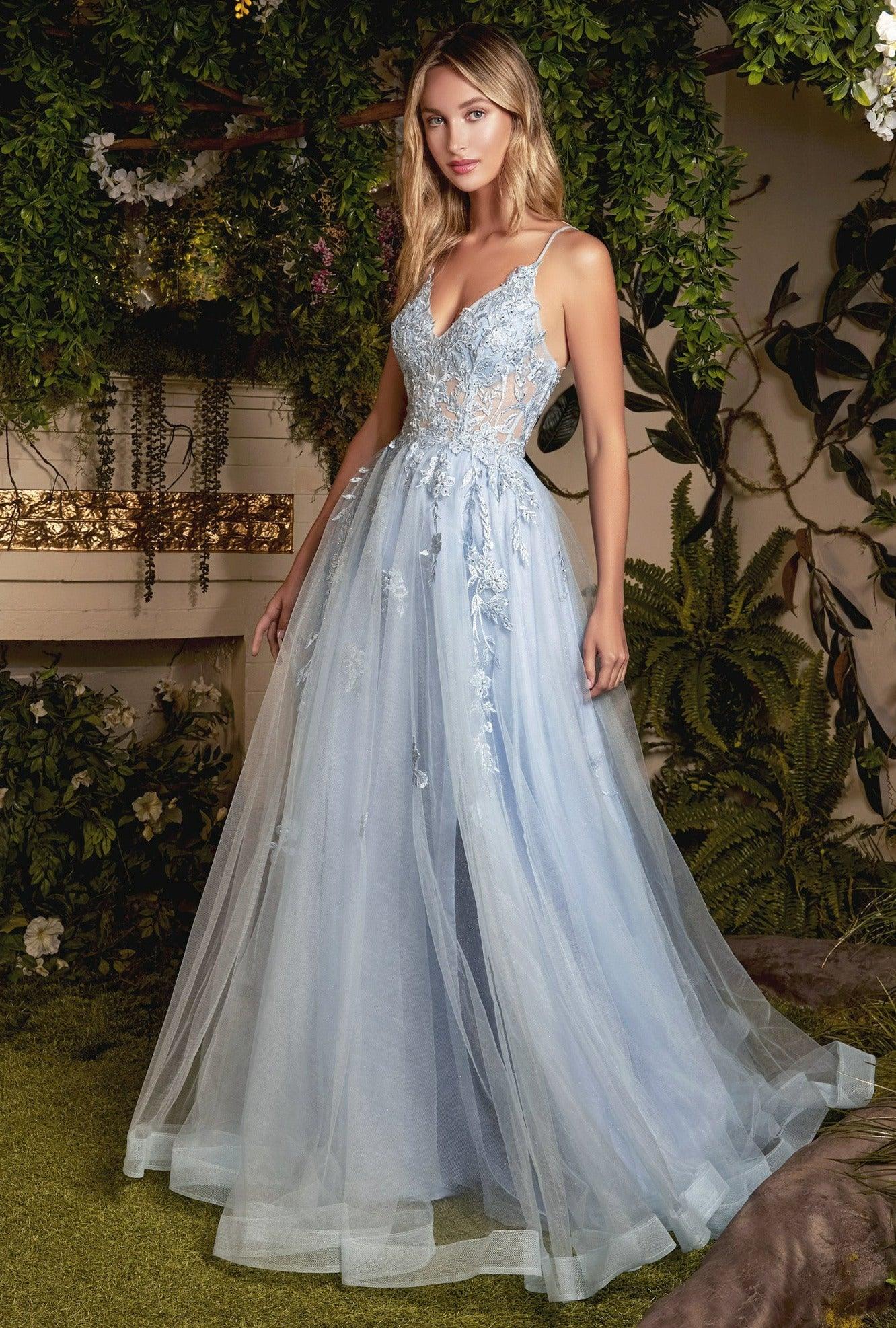 Andrea & Leo A1049 Strapless Printed Prom Dress Paris Blue