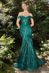 Andrea & Leo A1107 Off Shoulder Mermaid Sequin Formal Gown Emerald 1