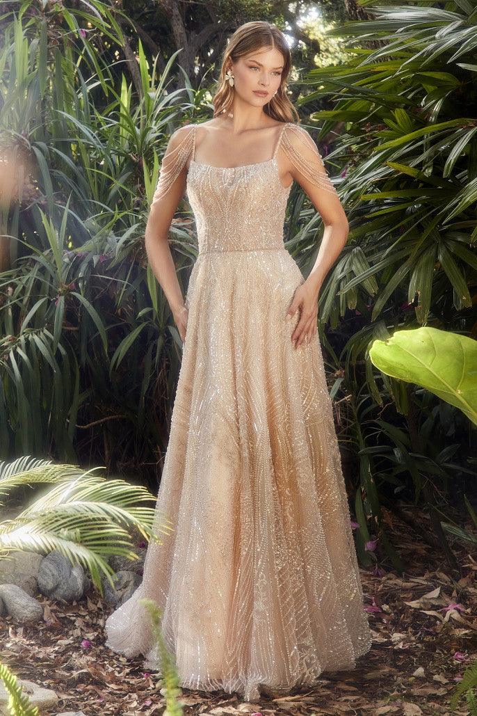 Andrea & Leo A1112 Beaded Sleeve A Line Gown Champagne 1