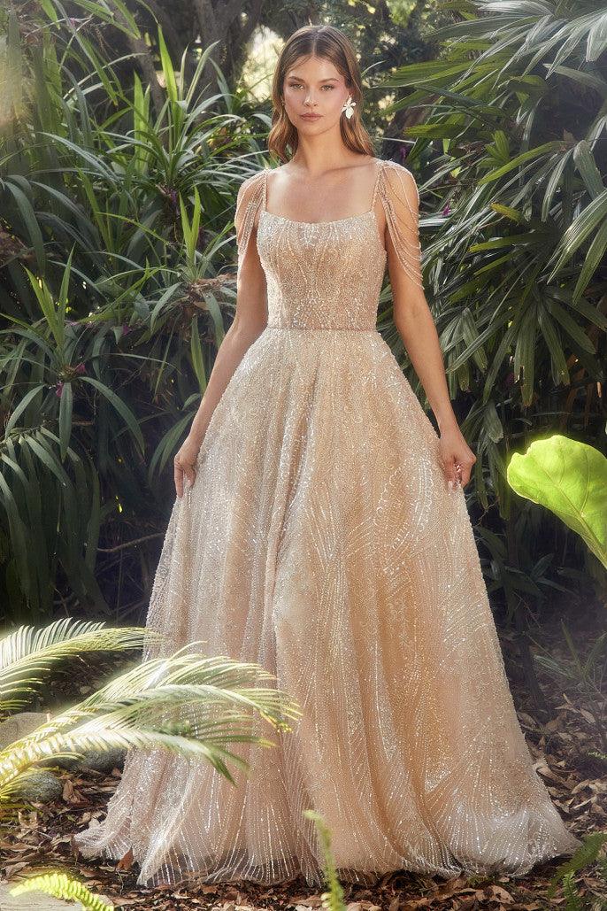 Andrea & Leo A1112 Beaded Sleeve A Line Gown Champagne 2