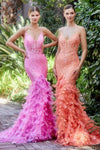 Andrea & Leo A1116 Feather Mermaid Prom Dress Hot Pink Neon Orange