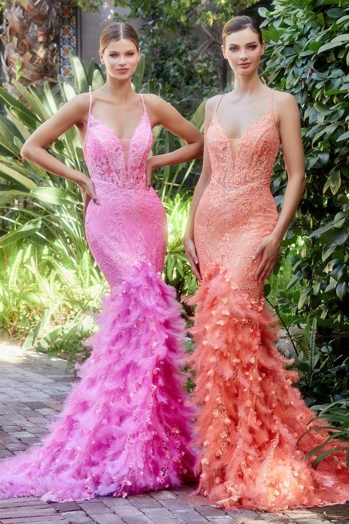 Andrea & Leo A1116 Feather Mermaid Prom Dress Hot Pink Neon Orange