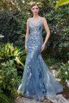 Andrea & Leo A1118 Beaded Lace Applique Mermaid Prom Gown Smoky Blue