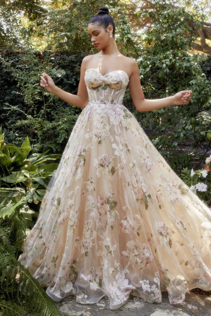 Andrea & Leo A1134 Strapless Printed Prom Dress Champagne