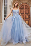 Andrea & Leo A1142 Spaghetti Strap Floral Applique Prom Dress Blue