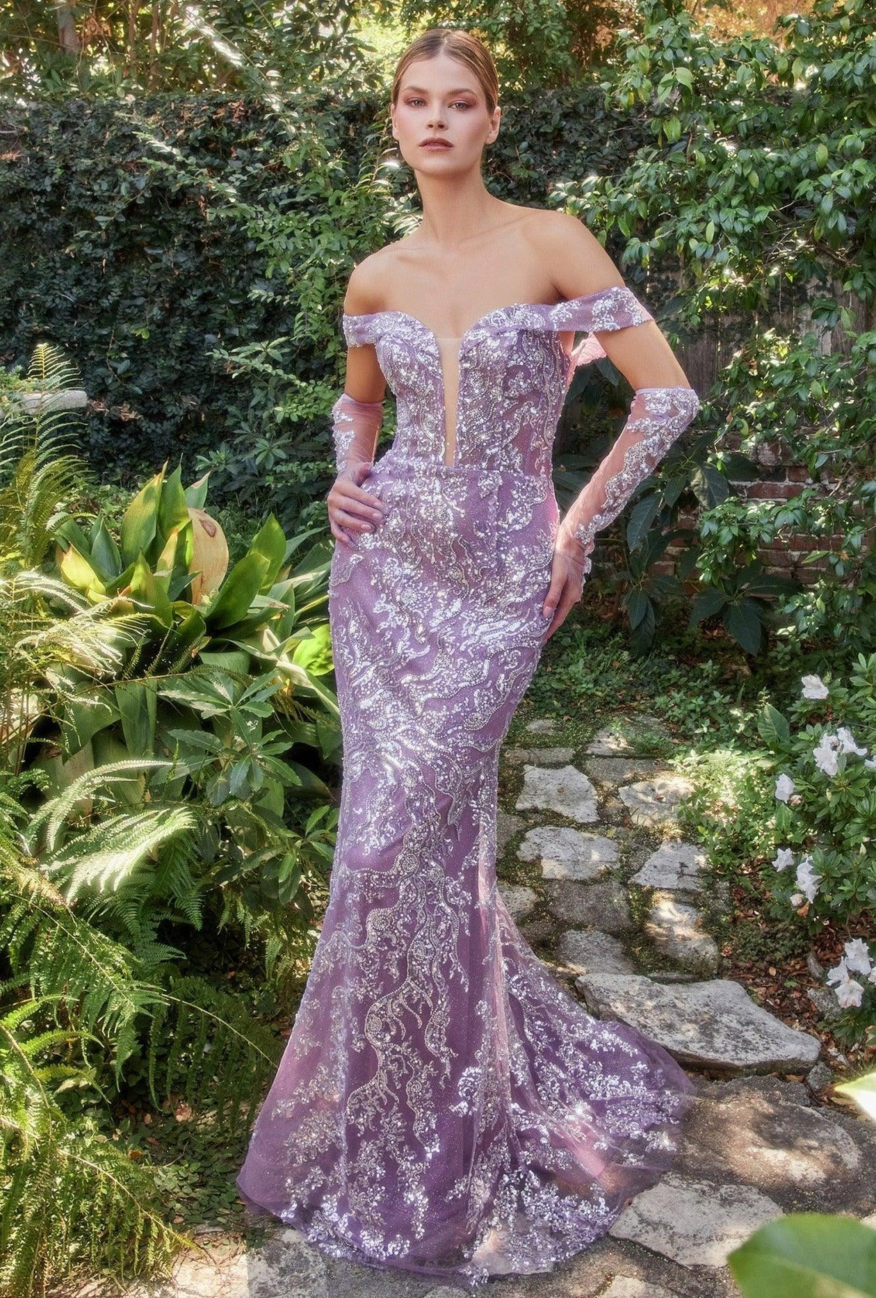 Long Sleeve Off Shoulder Beaded Corset Gown by Andrea & Leo
