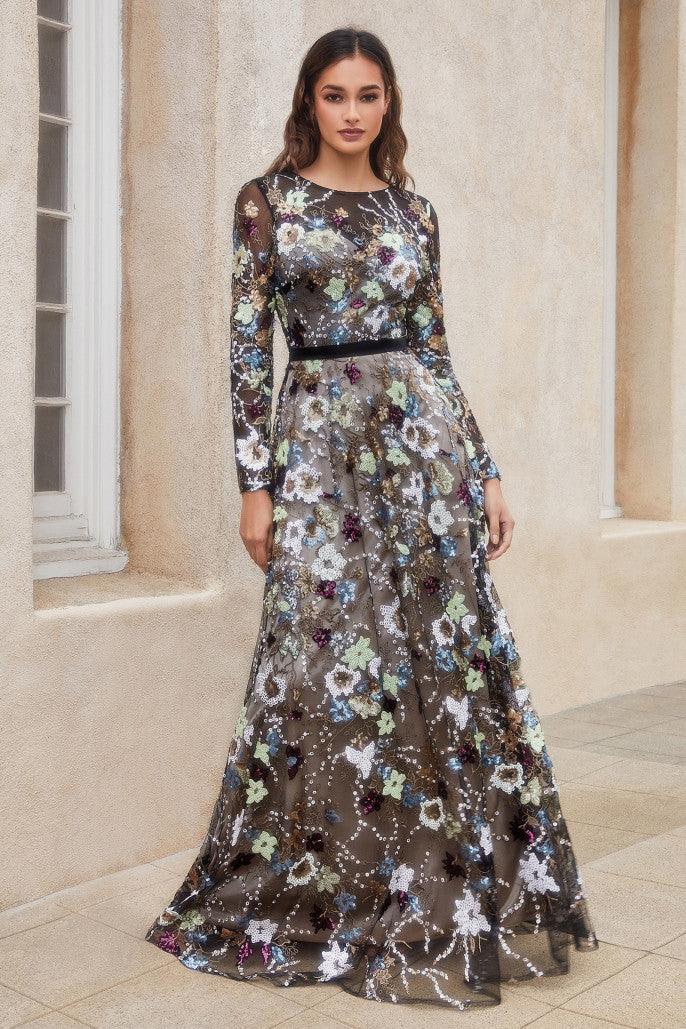 Andrea & Leo A1166 Floral Print Long Sleeve Formal  Dress Multi