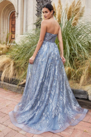 Strapless Royal Blue Leaf Lace Long Prom Dress with Sheer Corset