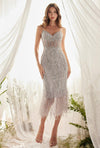 A1190 Embellished Tea Length Cocktail Dress Silver