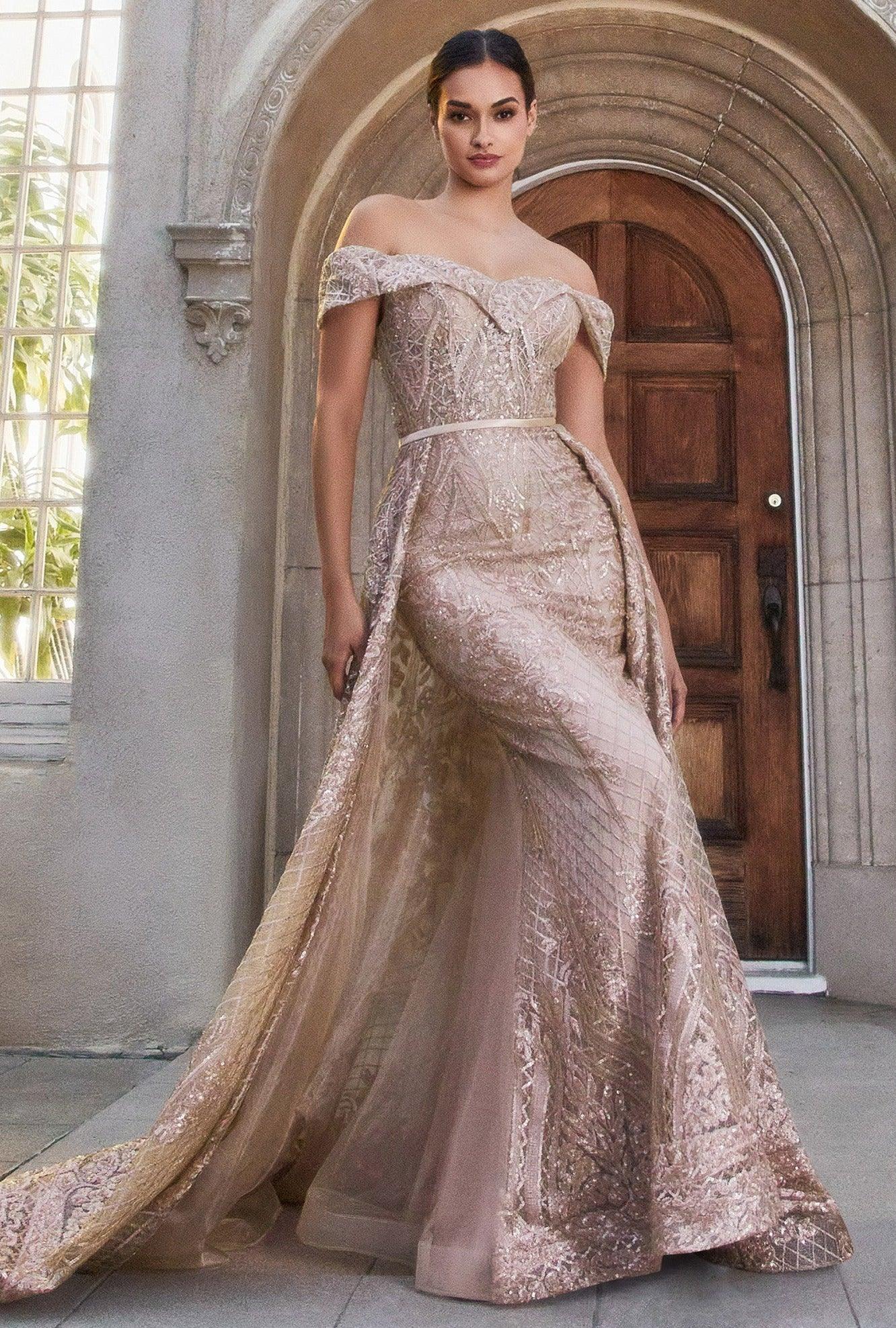 Andrea & Leo A1200 Off Shoulder with Overskirt Lace Gown Rose - Gold