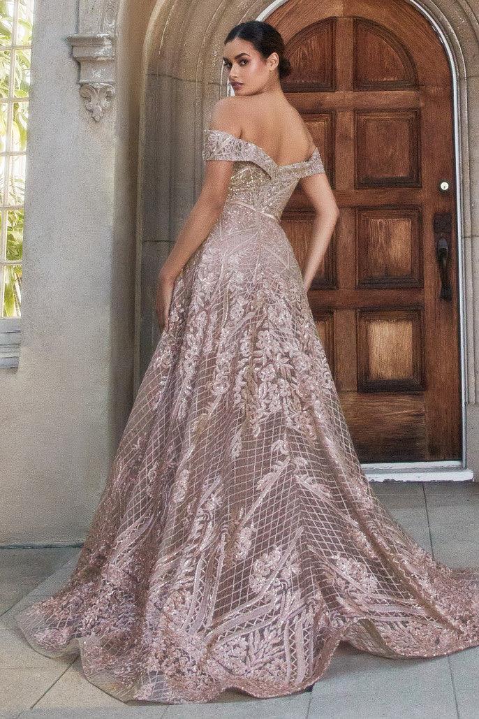 Andrea & Leo A1200 Off Shoulder with Overskirt Lace Gown Rose-Gold