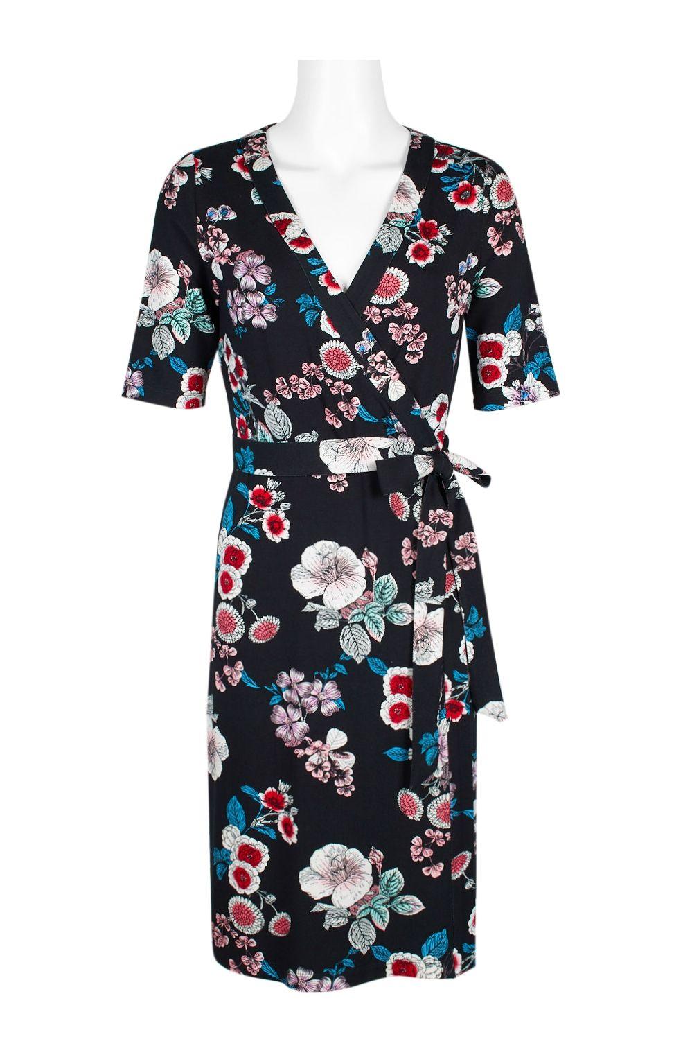 Cocktail Dresses Short Sleeve Floral Print Cocktail Wrap Dress BLACK MULTI