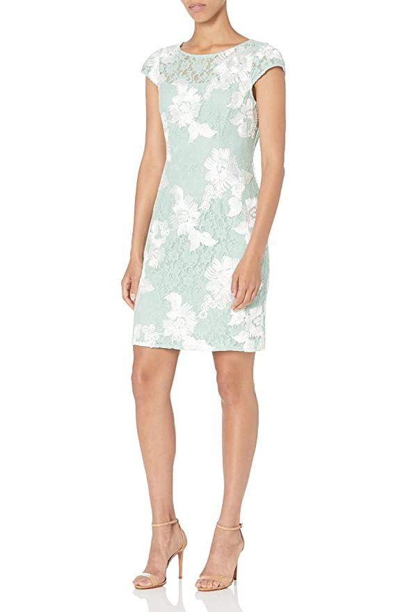 Cocktail Dresses Cap Sleeve Floral Short Bodycon Mesh Dress SEAFOAM IVORY