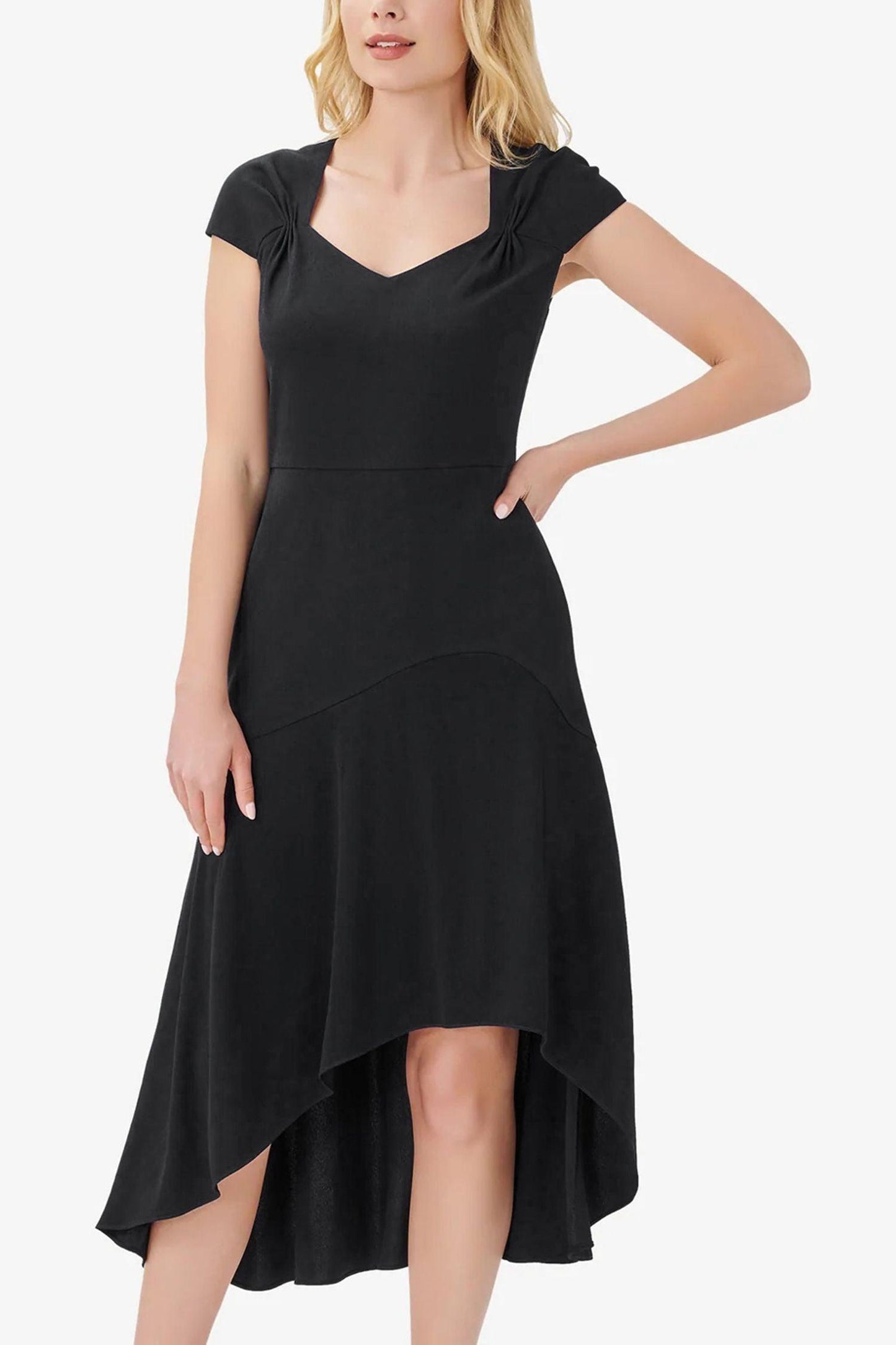 Formal Dresses Cap Sleeve Fit Flare Solid High Low Hem Crepe Dress BLACK