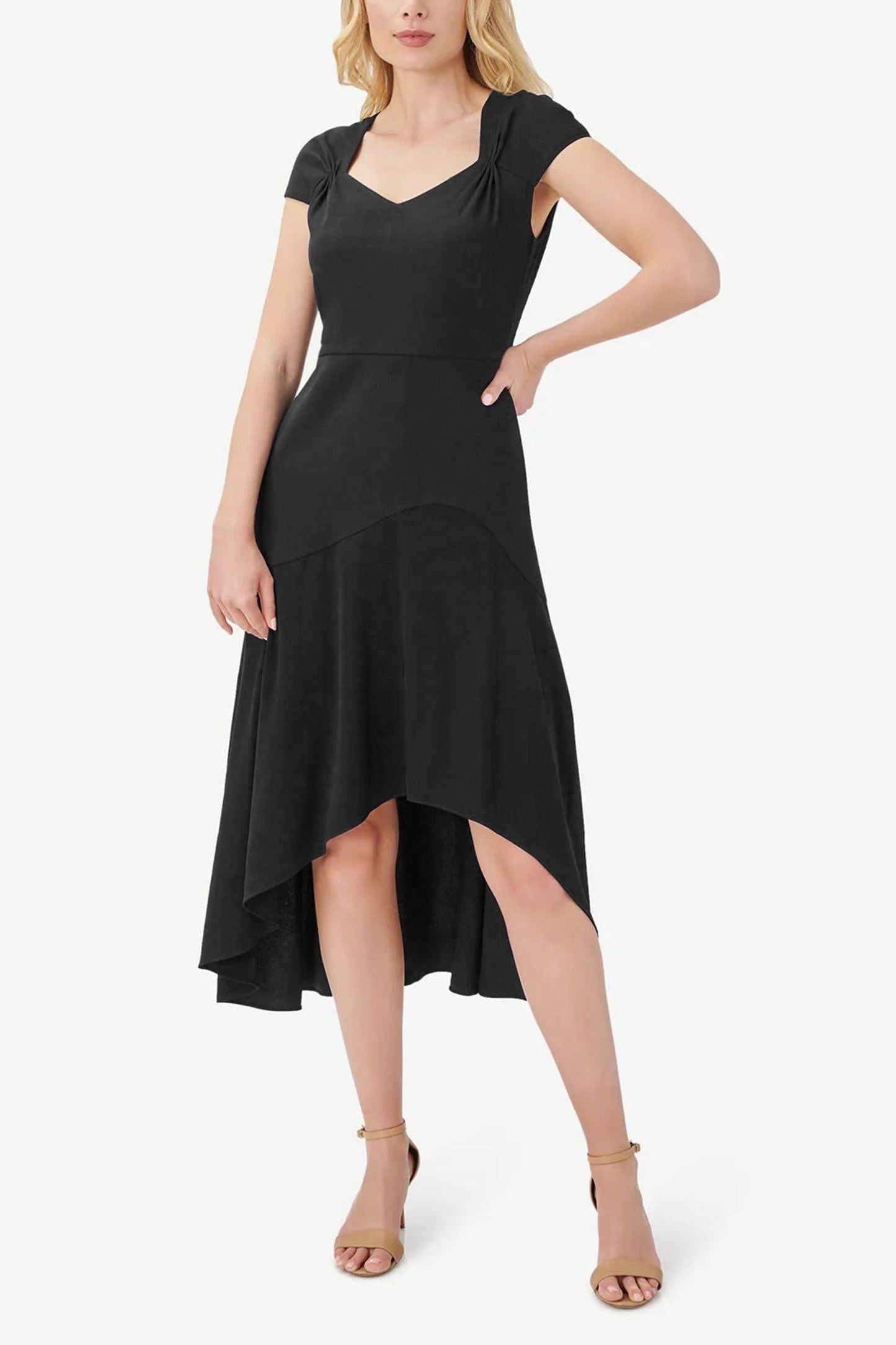 Formal Dresses Cap Sleeve Fit Flare Solid High Low Hem Crepe Dress BLACK