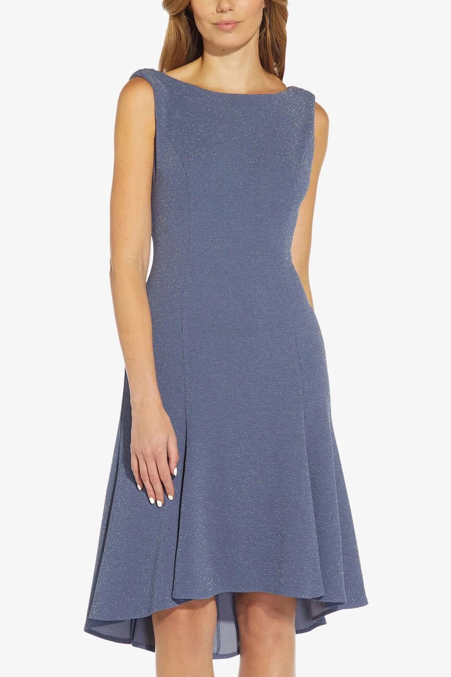 Cocktail Dresses Sleeveless Cowl Back Solid Metallic Knit Dress STEEL BLUE