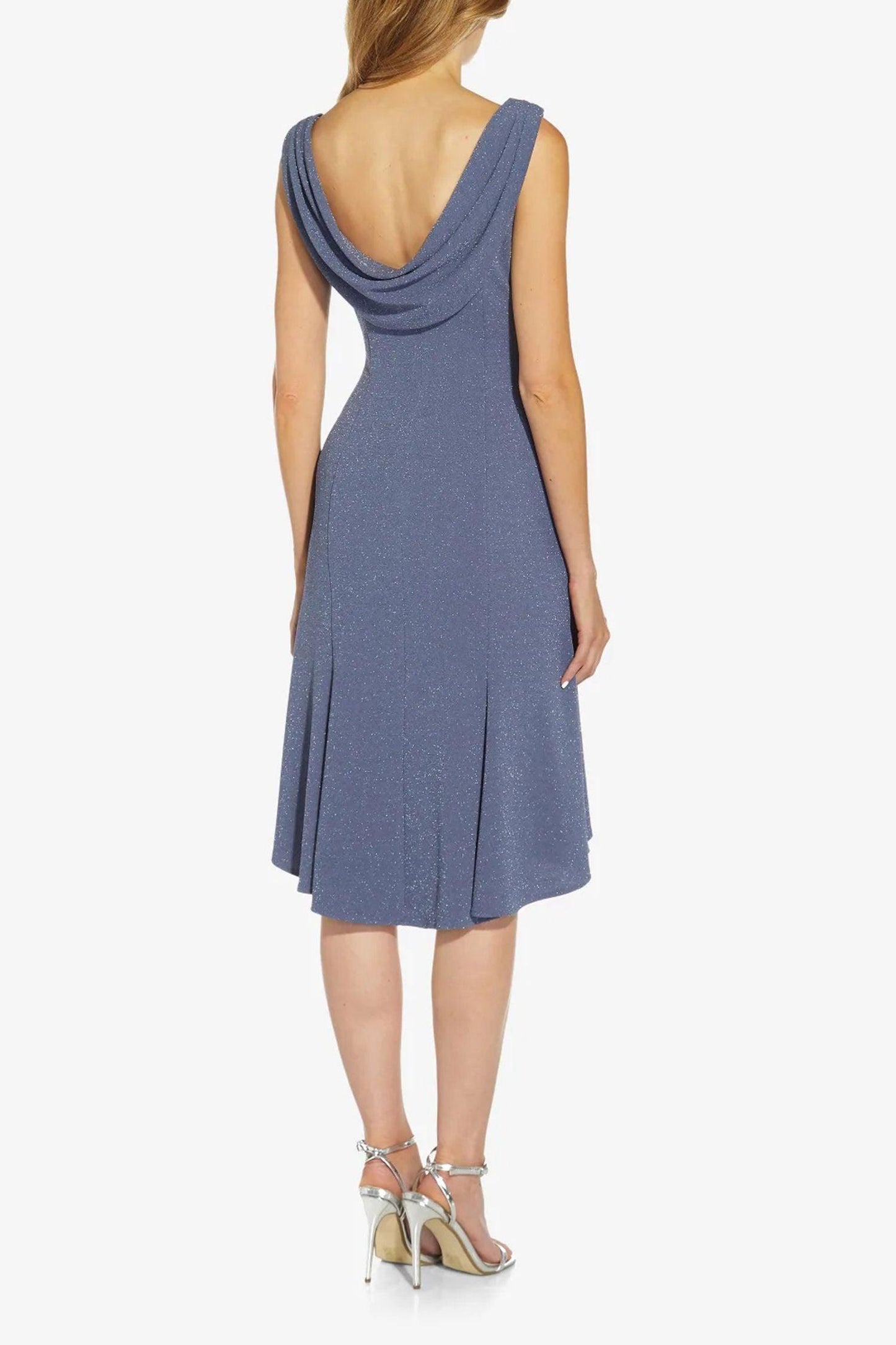 Cocktail Dresses Sleeveless Cowl Back Solid Metallic Knit Dress STEEL BLUE