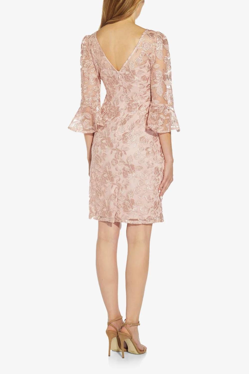 Formal Dresses 3/4 Bell Sleeves Short Embroidered Dress DUSTY ROSE