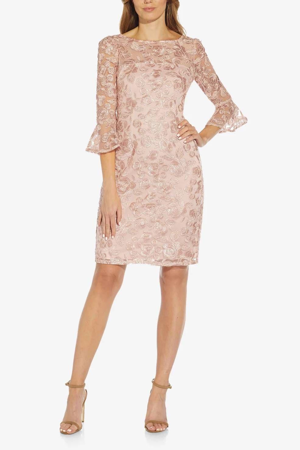 Formal Dresses 3/4 Bell Sleeves Short Embroidered Dress DUSTY ROSE