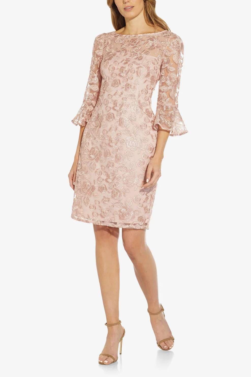 Formal Dresses 3/4 Bell Sleeves Short Embroidered Dress DUSTY ROSE