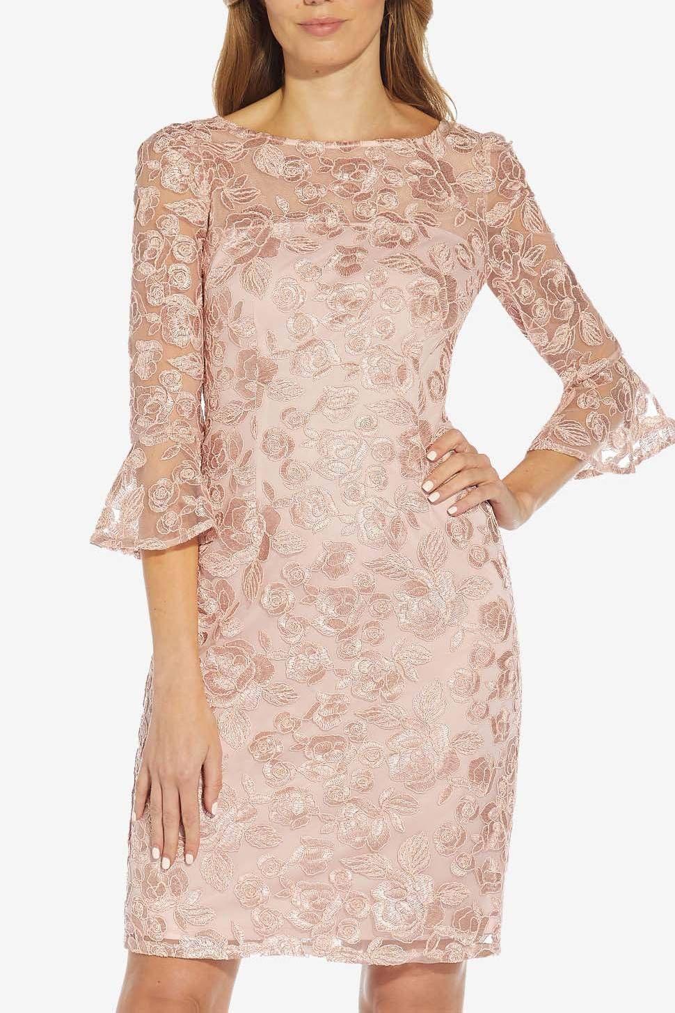 Formal Dresses 3/4 Bell Sleeves Short Embroidered Dress DUSTY ROSE