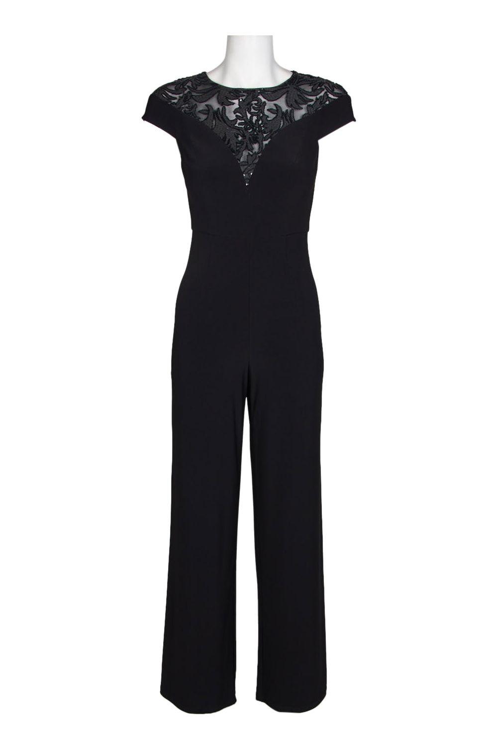 Jumpsuit Cap Sleeve Illusion Embellished Jumpsuit Black