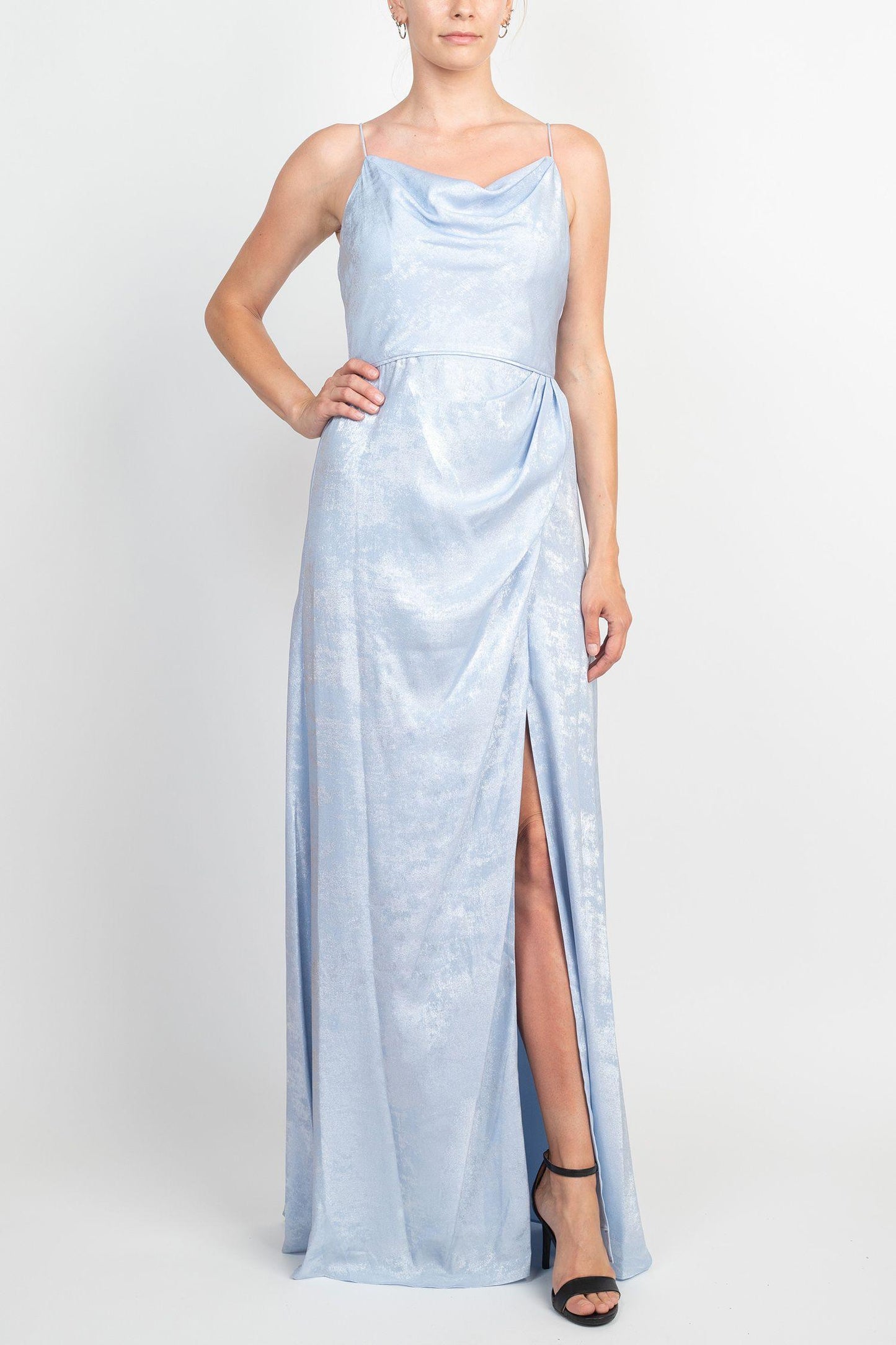 Formal Dresses Sleeveless Slit Front Gathered Formal Metallic Crepe Dress SKY BLUE