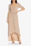 Formal Dresses V- Neck Back Formal High And Low Hem Metallic Knit Dress CHAMPAGNE