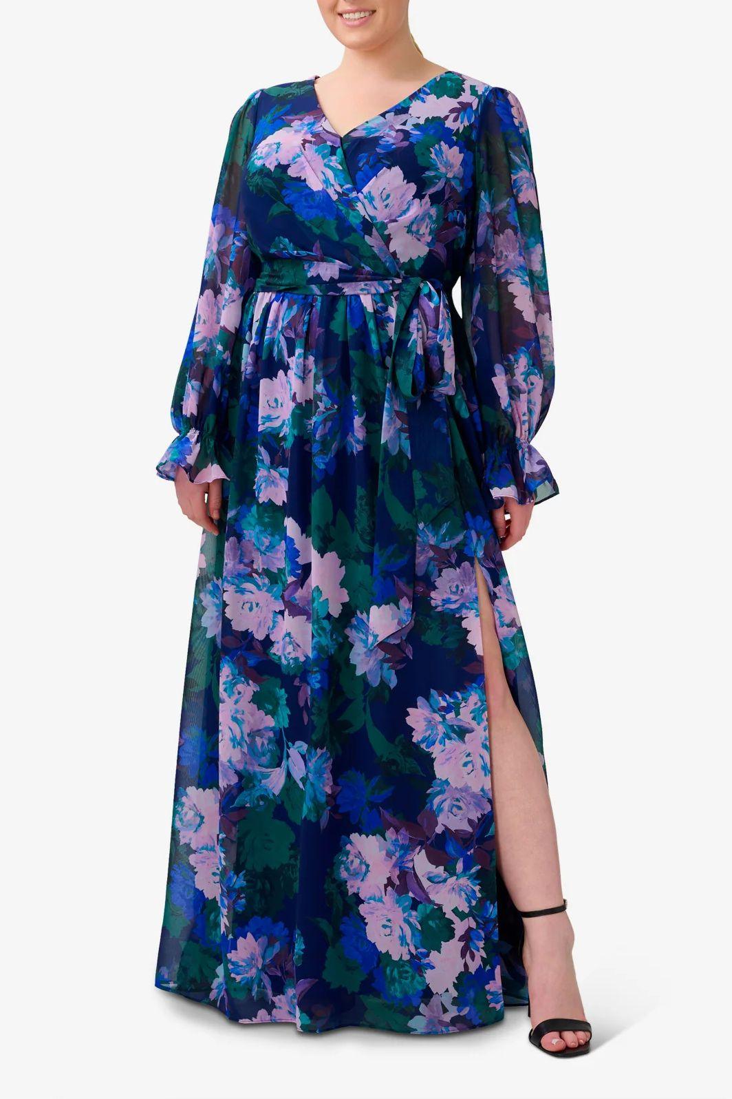 Formal Dresses Long Sleeves Side Slit Long Floral Dress NAVY MULTI