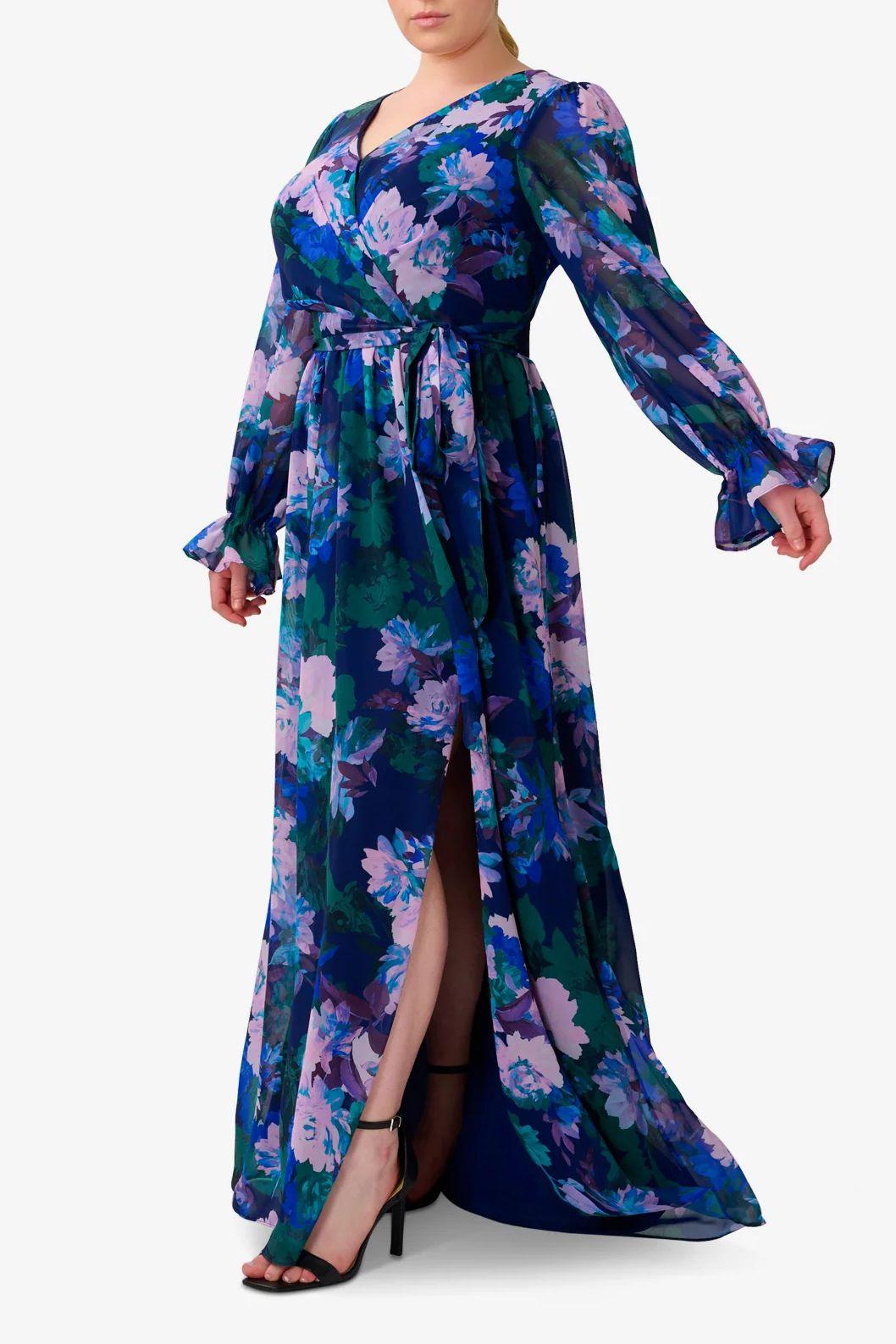 Formal Dresses Long Sleeves Side Slit Long Floral Dress NAVY MULTI