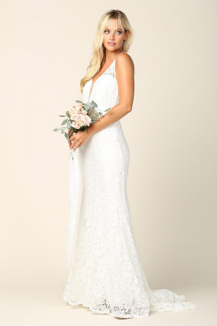 Bridal Long Sleeveless Lace Wedding Dress - The Dress Outlet