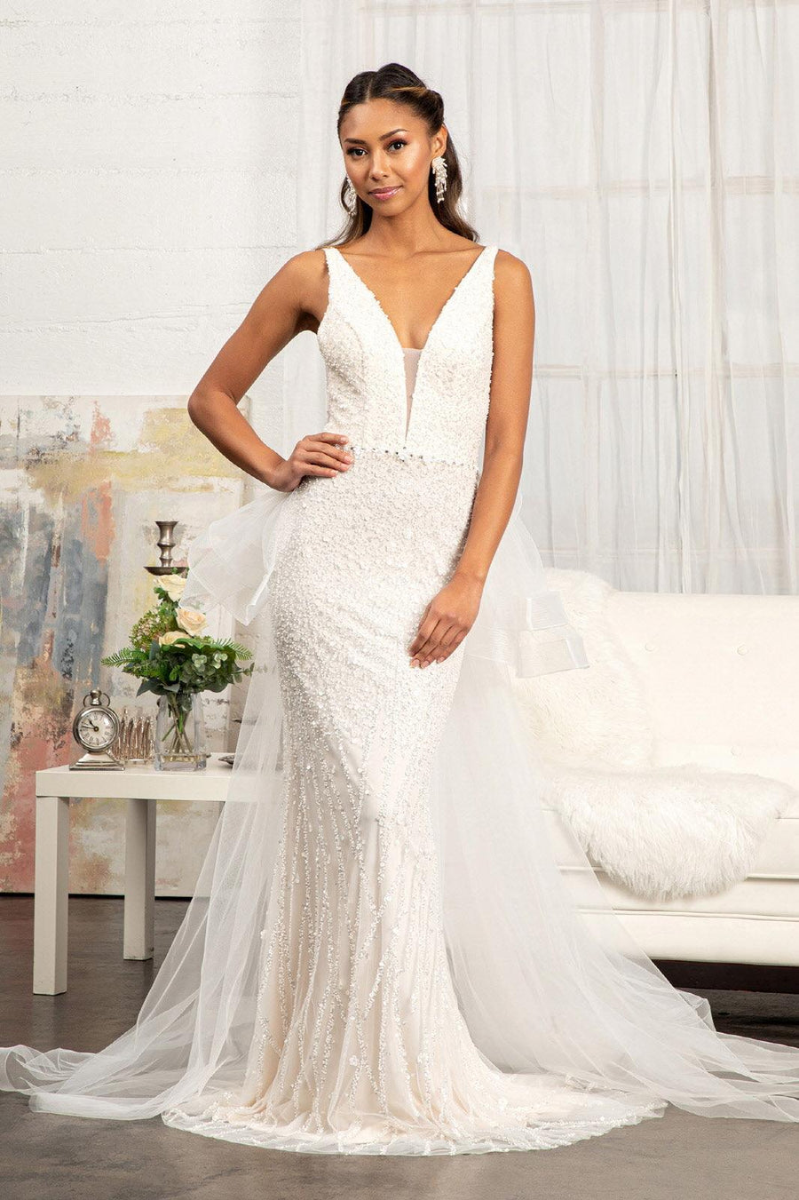 Bridal Long Sleeveless Mermaid Mesh Wedding Gown - The Dress Outlet