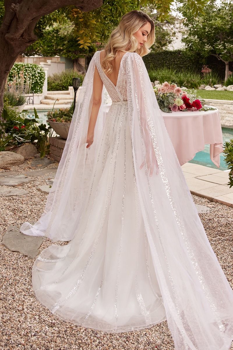 Wedding Dresses Long  Cape Sleeve Sequin Wedding Dress 