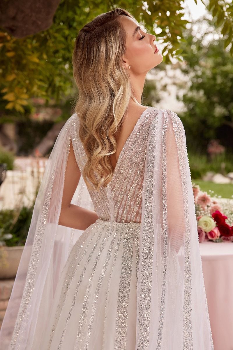 Wedding Dresses Long  Cape Sleeve Sequin Wedding Dress 