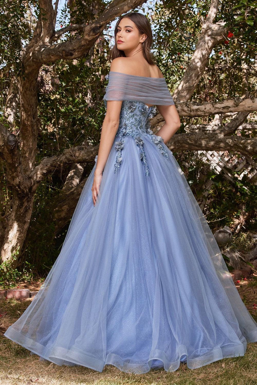 Long Off Shoulder Prom Gown Smoky Blue