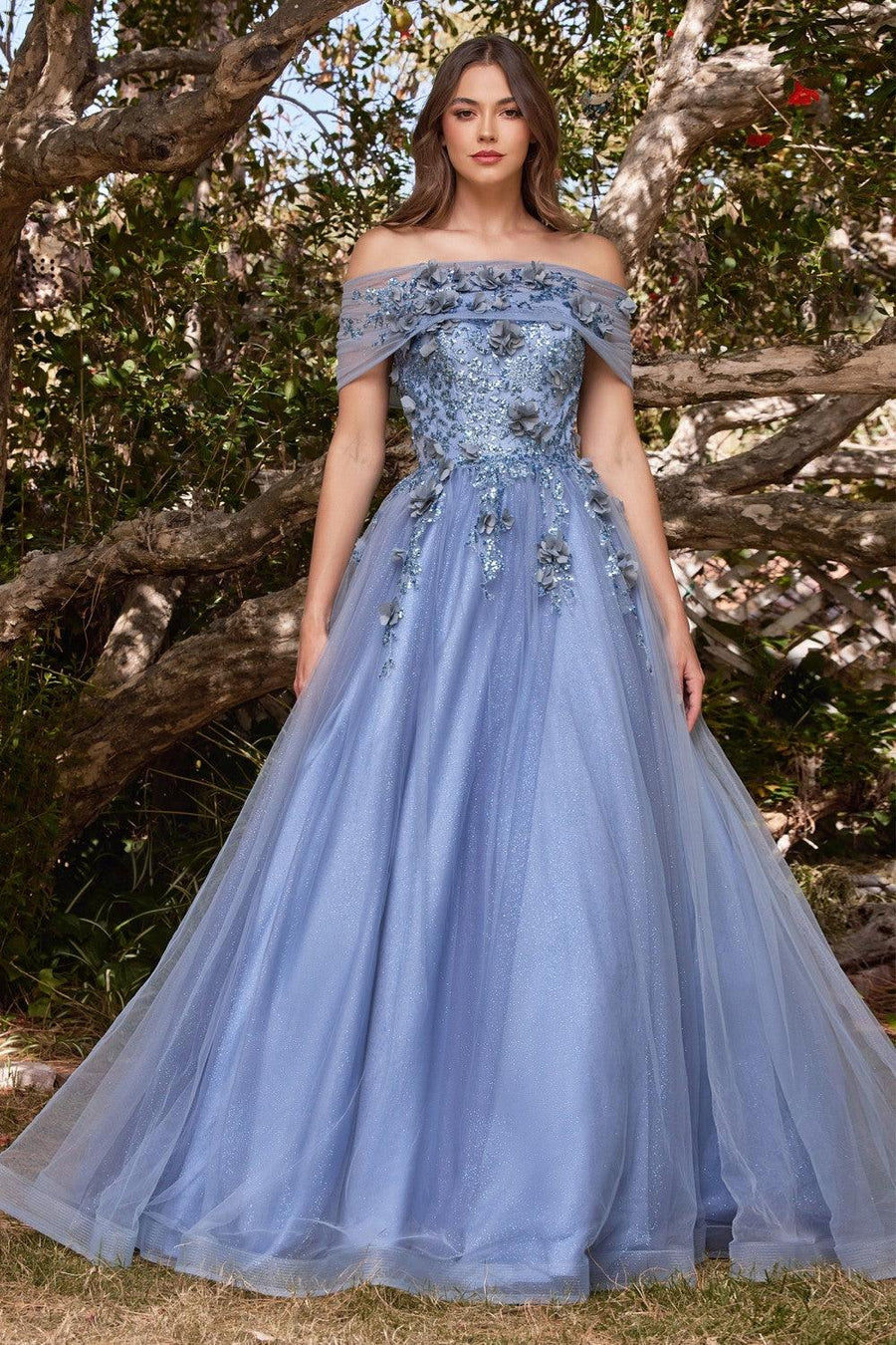 Long Off Shoulder Prom Gown Smoky Blue