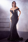 Off Shoulder Long Glittered Prom Dress Black