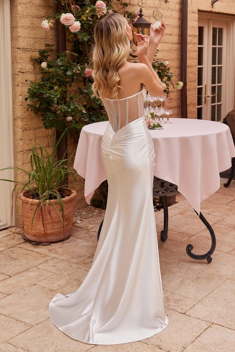 Wedding Dresses Long Fitted Strapless Satin Wedding Dress Off White