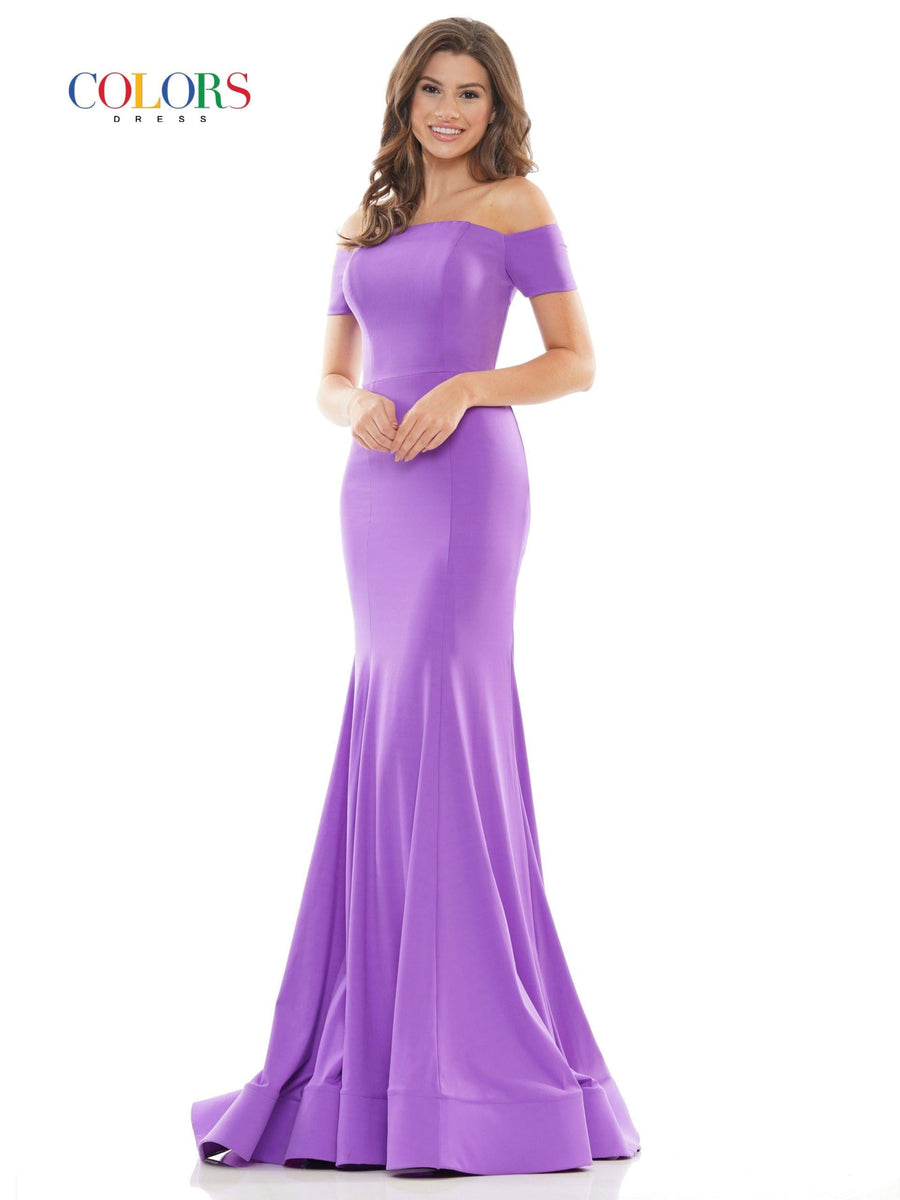 Colors Long Off Shoulder Fitted Prom Dress 2674 - The Dress Outlet