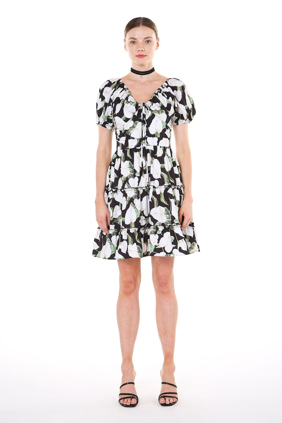 Cocktail Dresses Short Sleeve Floral Mini Dress Black