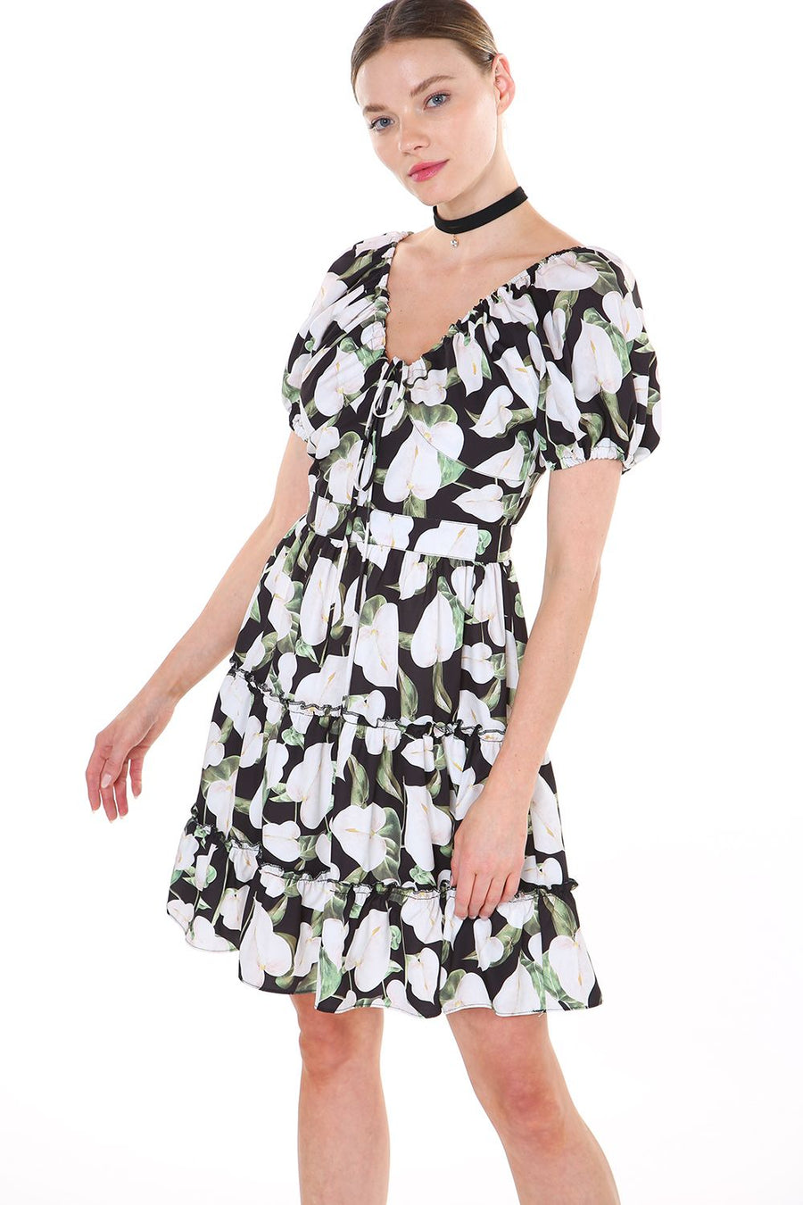 Cocktail Dresses Short Sleeve Floral Mini Dress Black