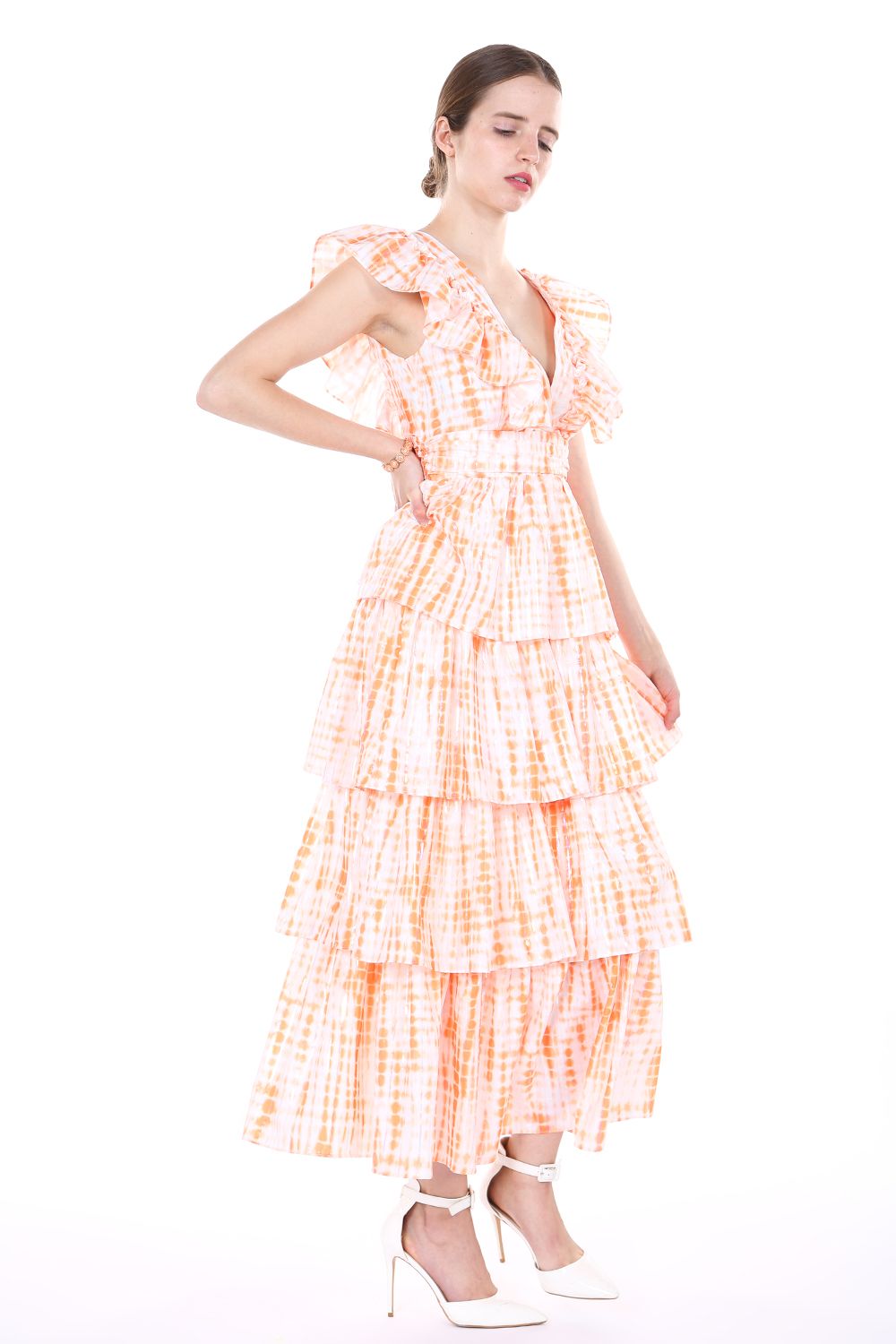 Cocktail Dresses Tiered V Neck Sleeveless Ruffle Tea Length Dress Orange