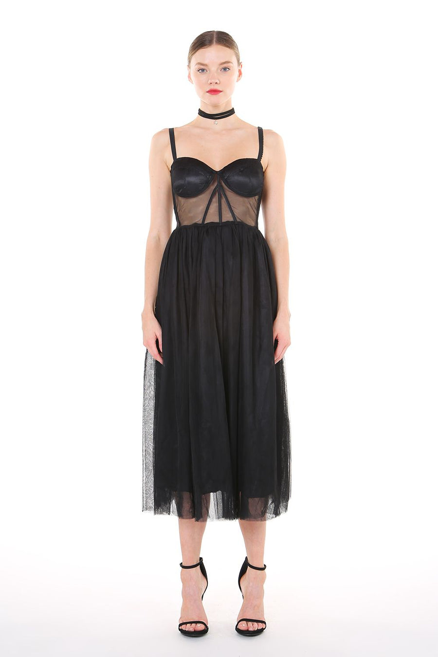 Cocktail Dresses Shoulder Strap Mesh Midi Length Dress Black