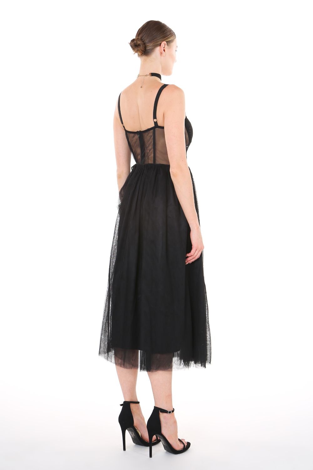 Cocktail Dresses Shoulder Strap Mesh Midi Length Dress Black