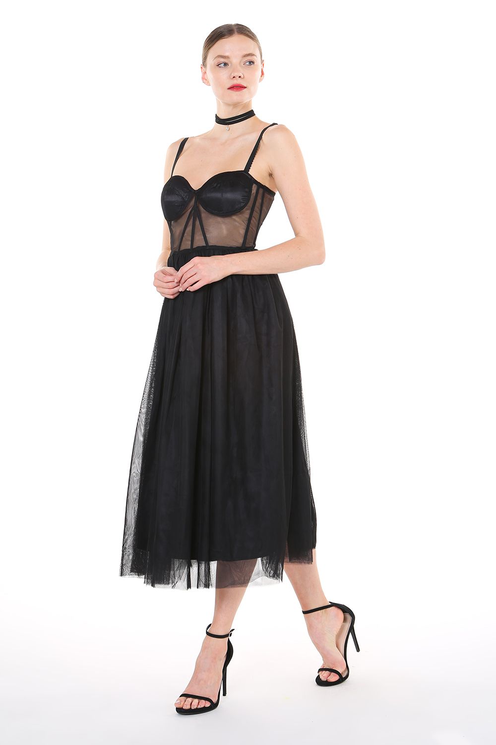 Cocktail Dresses Shoulder Strap Mesh Midi Length Dress Black