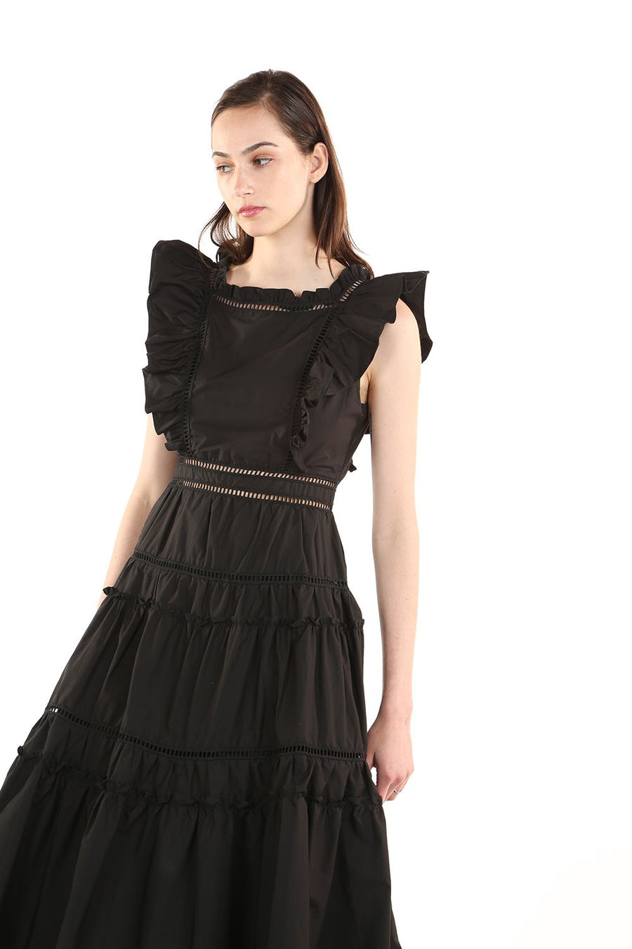 Cocktail Dresses Ruffle Square Neck Sleeveless Midi Dress Black