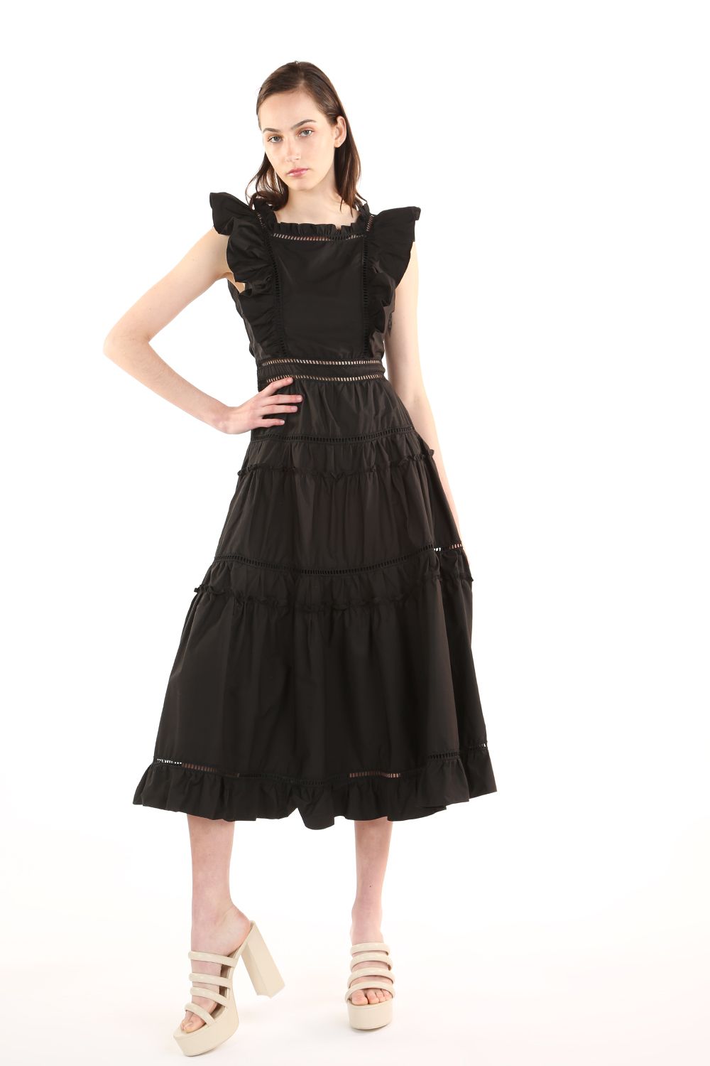 Cocktail Dresses Ruffle Square Neck Sleeveless Midi Dress Black