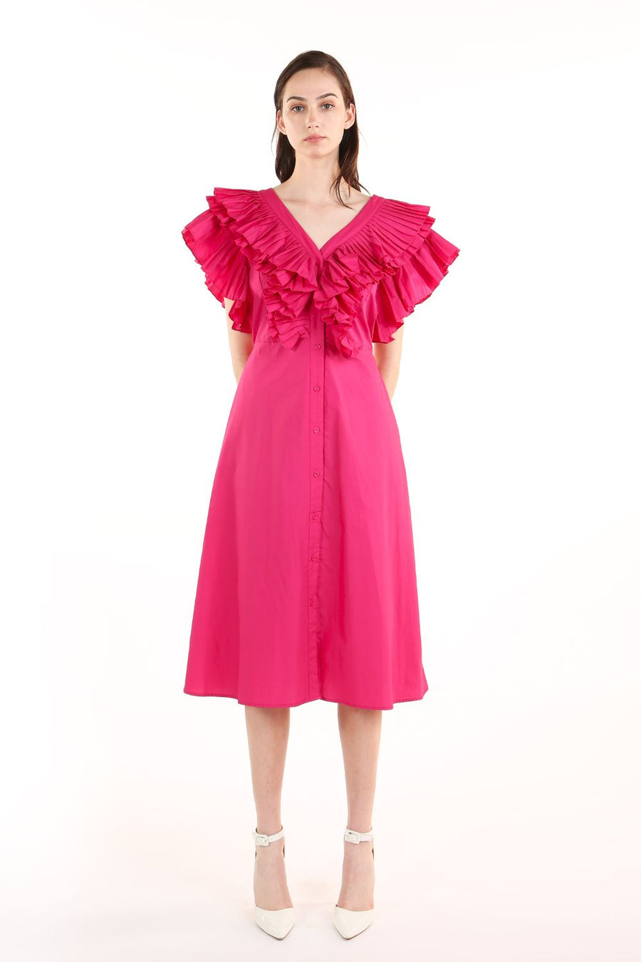 Cocktail Dresses V Neck Pleated Ruffle Trim Sleeve Midi Dress Fuchsia